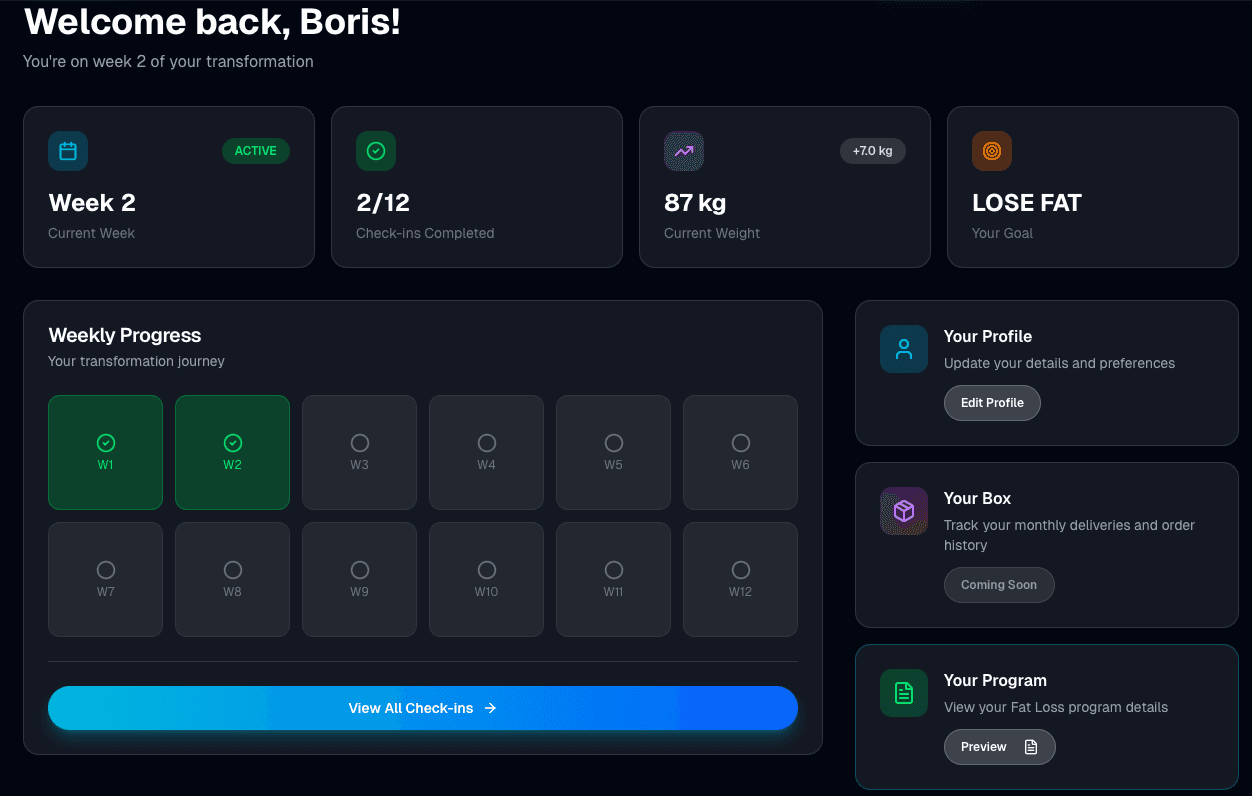 Check-in form with measurements and progress tracking